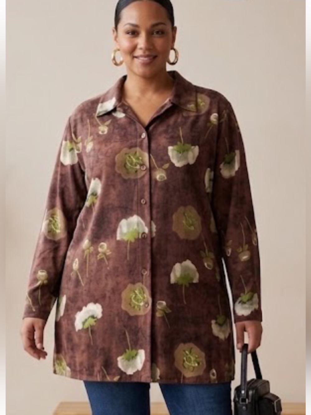 Vintage Casual Corner Brown Button-Down Tunic Shirt Green White Floral 1X